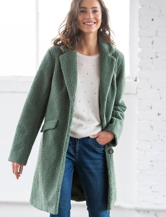 Manteau maille bouclette col tailleur (vert grisé)