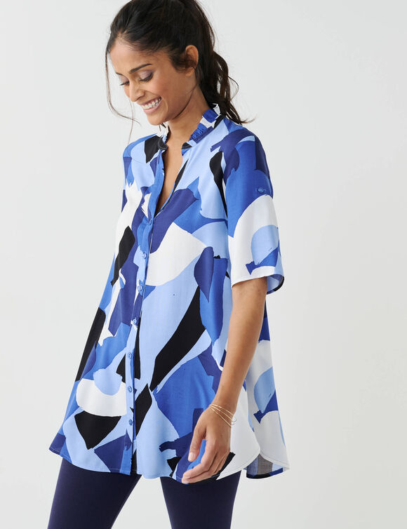Tunique col tunisien boutonn&eacute;e, imprim&eacute; graphique (bleu)