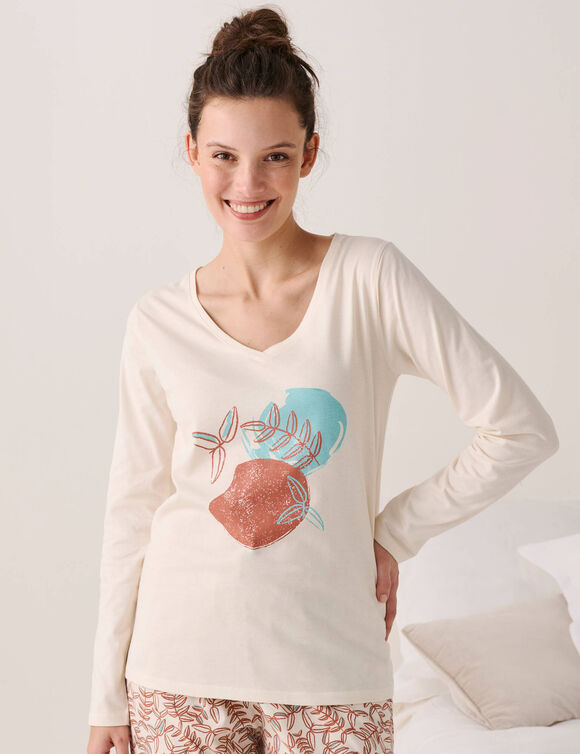 T-shirt de pyjama manches longues imprim&eacute; "feuillage" (&eacute;cru)