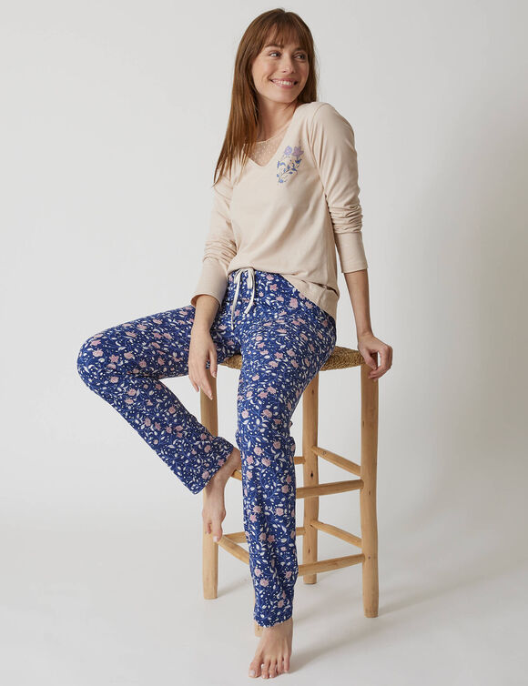 T-shirt pyjama manches longues motif floral imprimé  (sable)