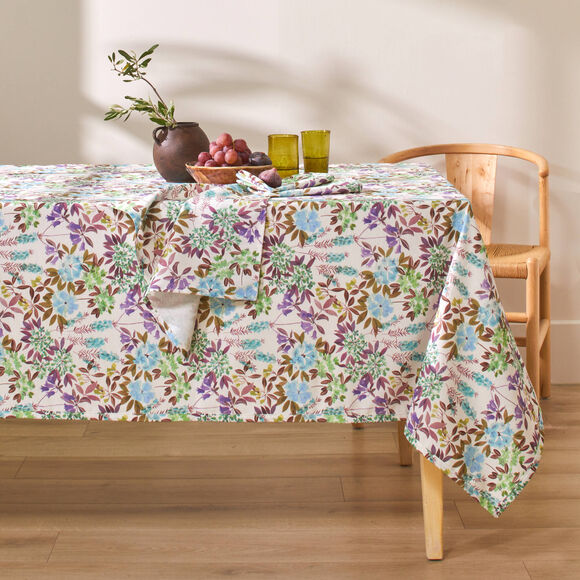 Nappe anti-taches imprimé petites fleurs (blanc / parme)