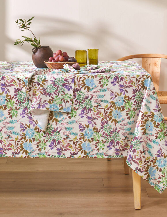 Nappe anti-taches imprimé petites fleurs (blanc / parme)