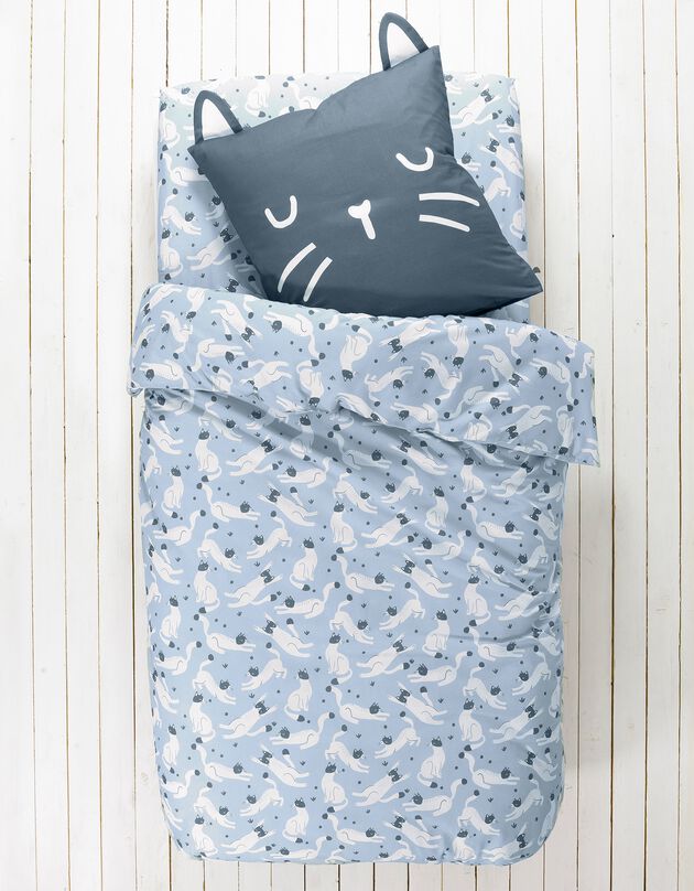 Bedrukt bedlinnen Miaou, 1 persoon - biologisch katoen (blauw)