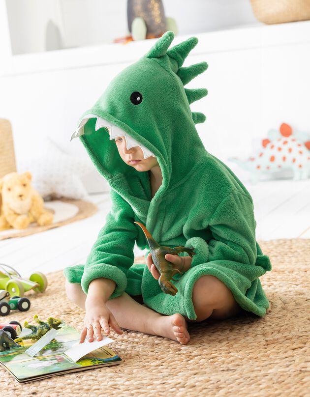 Badjas voor kinderen, dinosaurus, met kap, streelzachte microvezel (groen)
