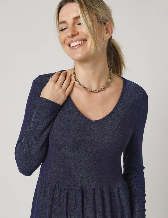 Robe courte évasée en maille brillante, manches longues (bleu dur)