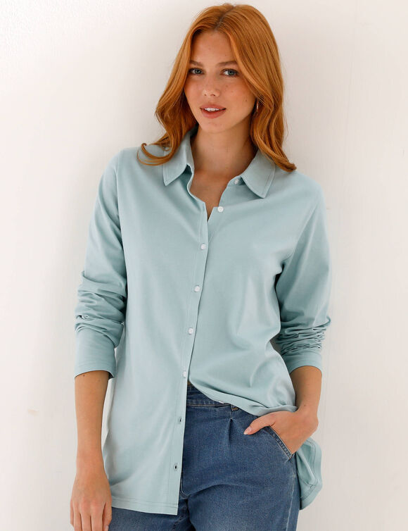 T-shirt boutonn&eacute; uni manches longues, forme tunique (c&eacute;ladon)