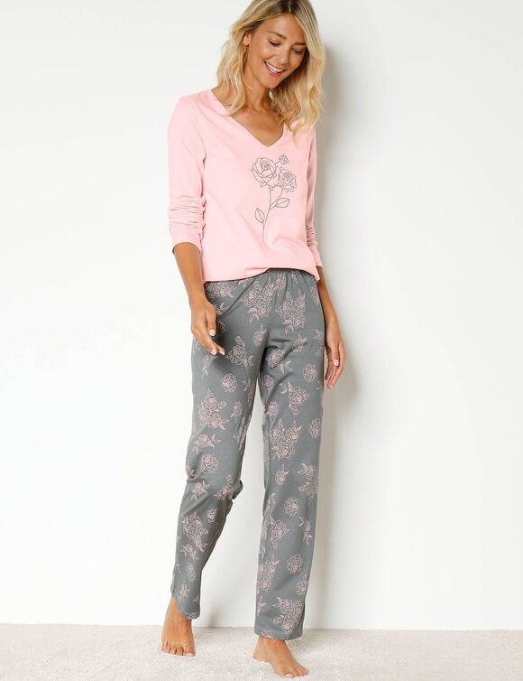 Katoenen pyjama met lange mouwen en rozenprint (grijs / roze)