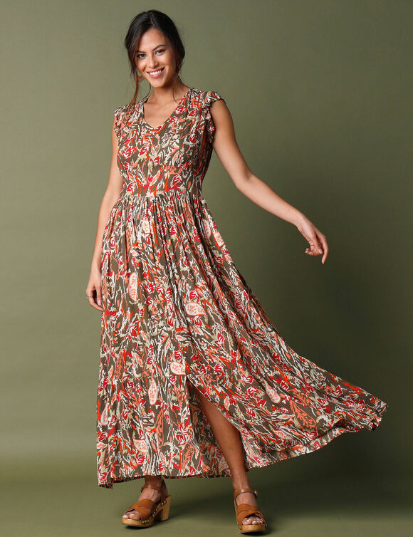 Robe longue imprimée sans manches (kaki / paprika)