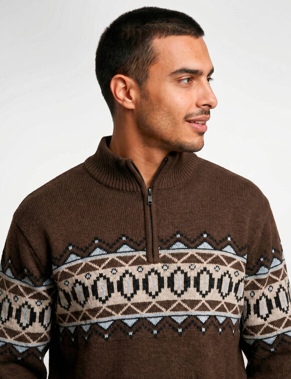 Pull jacquard col montant zipp&eacute; (marron)