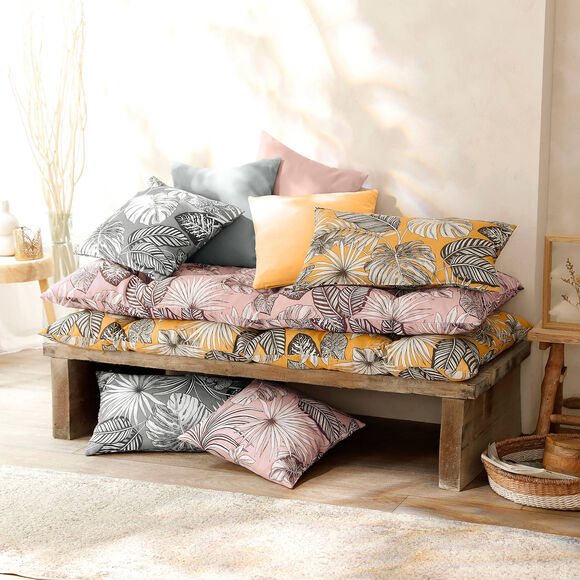 Lang, decoratief kussen in katoen met tropical print (grijs)