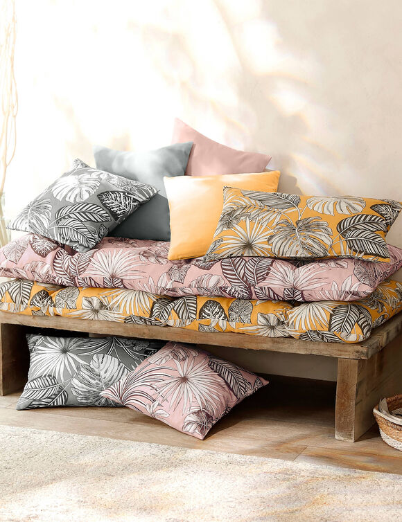 Long coussin déco coton imprimé tropical (gris)