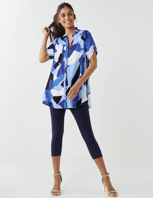 Tunique col tunisien boutonn&eacute;e, imprim&eacute; graphique (bleu)