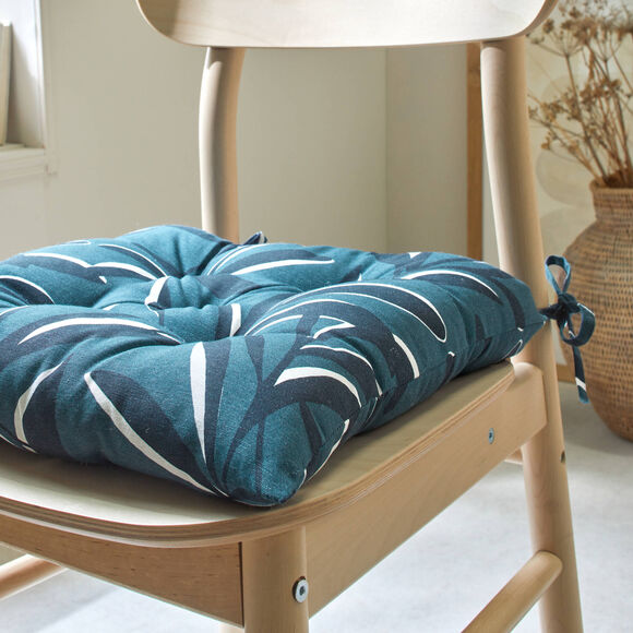 Vierkant stoelkussentje met bladerenprint - set van 2 (grijsblauw)