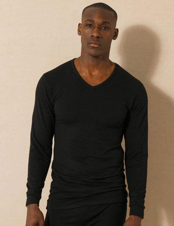 T-shirt sous-v&ecirc;tement homme col V manches longues chaleur mod&eacute;r&eacute;e - lot de 2 (noir)