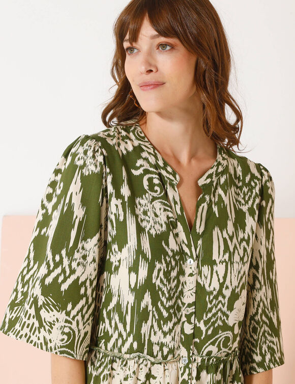 Robe évasée à volants, imprimé ethnique bicolore (vert / écru)