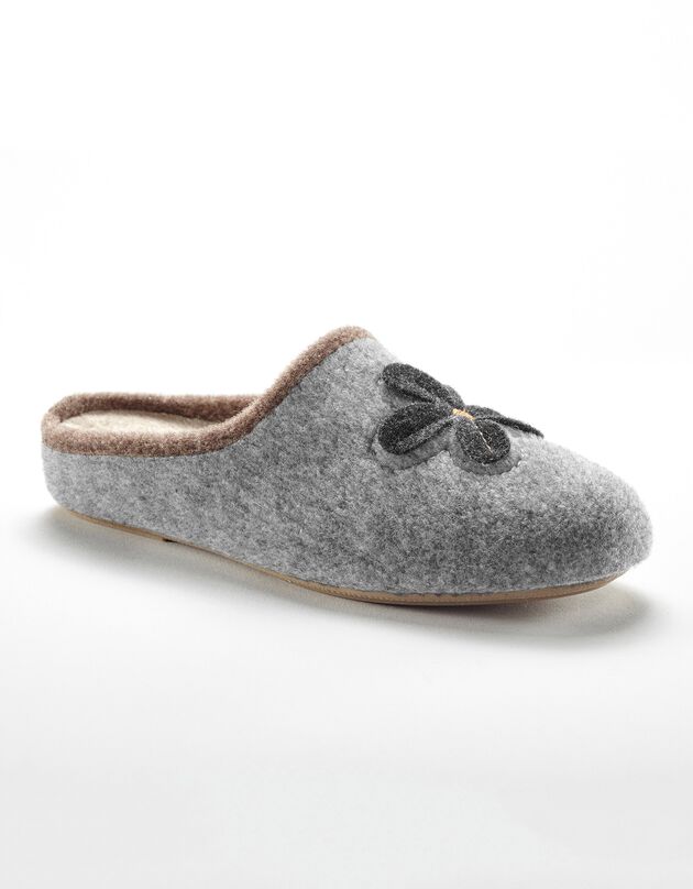 Chaussons mules fleur appliquée - largeur confort (gris chiné)