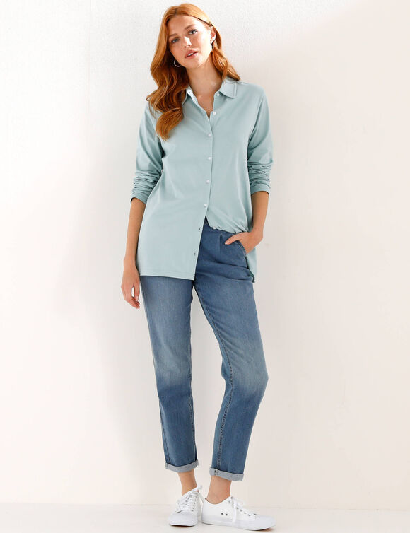 T-shirt boutonn&eacute; uni manches longues, forme tunique (c&eacute;ladon)