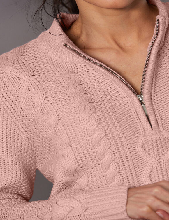 Pull col montant zippé, maille torsadée (rose poudré)