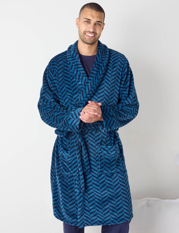 Robe de chambre polaire toucher peluche imprim&eacute; chevrons (bleu p&eacute;trole)