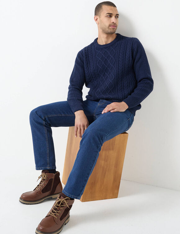 Pull col rond maille irlandaise (marine)