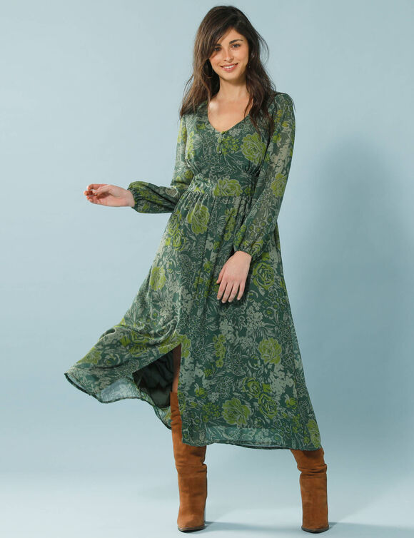 Robe évasée imprimée en voile, Spécial Petites (kaki)