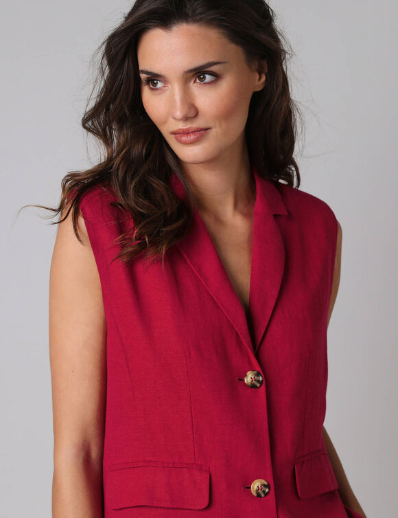 Veste blazer sans manches col tailleur, en viscose-lin (framboos)
