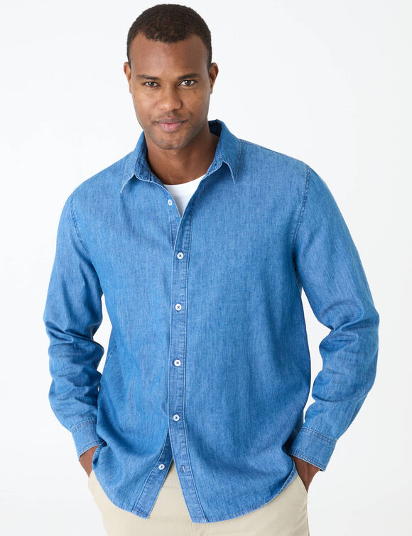 Chemise en denim l&eacute;ger manches longues  (bleu)