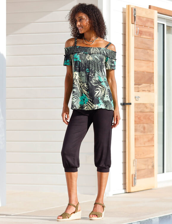 T-shirt épaules dénudées, imprimé (noir / kaki)
