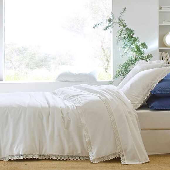 Linge de lit uni dentelle coton (blanc)