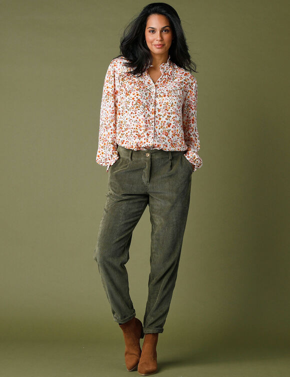 Blouse volantée imprimée, crépon (écru / miel)