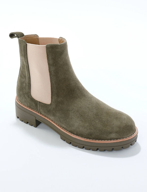 Chelsea boots in splitleer, dikke, geribbelde zool (kaki)