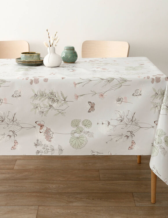 Nappe toile cirée imprimé végétal et papillons (beige / vert)