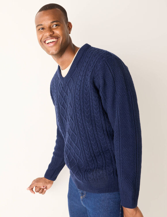 Pull col V maille irlandaise (marine)