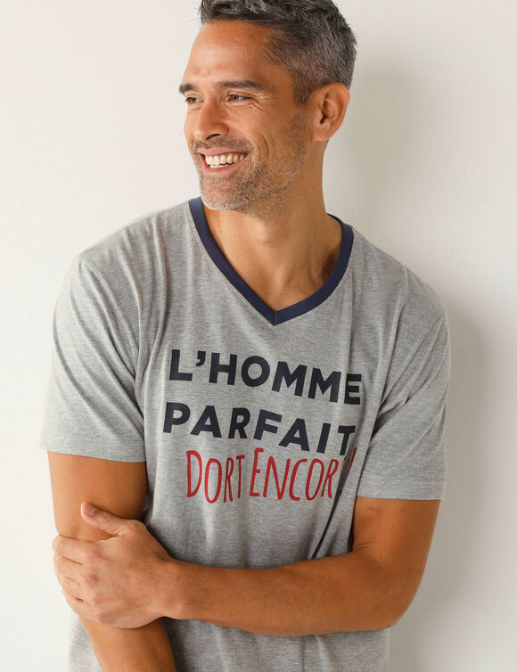 Pyjama short col V imprimé message (gris chiné / marine)