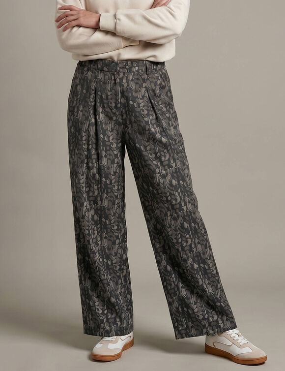 Pantalon large 7/8&egrave;me, taille haute, imprim&eacute; tachiste (noir)