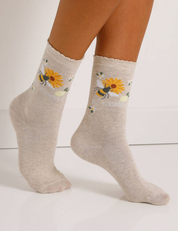Gestreepte sokken met bijenmotieven - set van 3 paar (beige / geel)