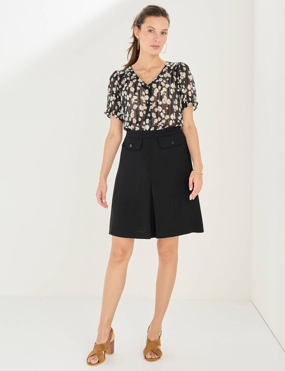 Jupe trap&egrave;ze avec pli creux, en cr&ecirc;pe (noir)