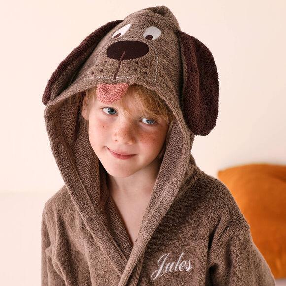 Personaliseerbare "hond" kinderbadjas met kap, katoenen badstof - 340 g/m&sup2; (chocolade)