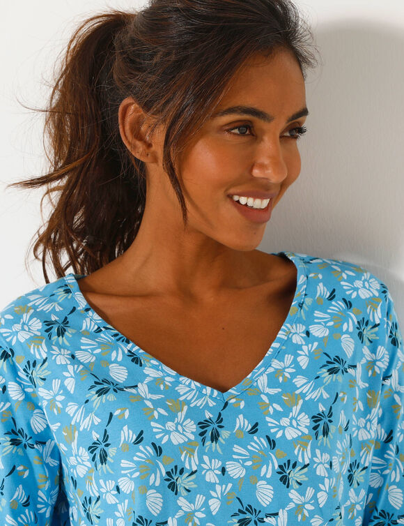 Haut de pyjama manches longues imprim&eacute; fleuri (bleu / &eacute;cru)