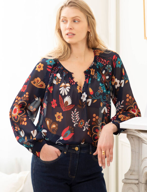 Blouse froncée en voile imprimé, manches amples (marine / caramel)