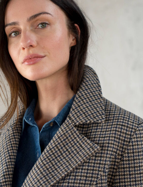 Manteau caban boutonn&eacute; &agrave; carreaux (beige / gris)