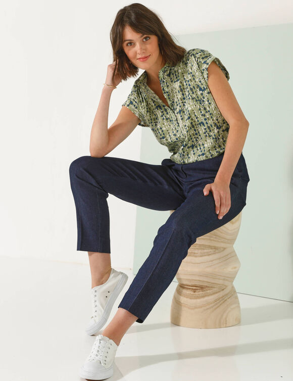 Blouse manches courtes à revers, imprimé minimaliste (vert / marine)