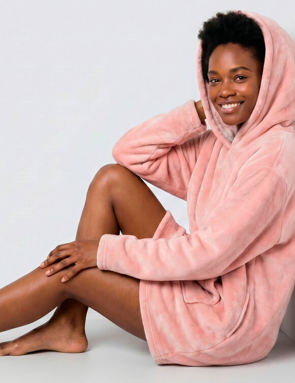 Plaid-sweat polaire &agrave; capuche doubl&eacute; sherpa (rose)