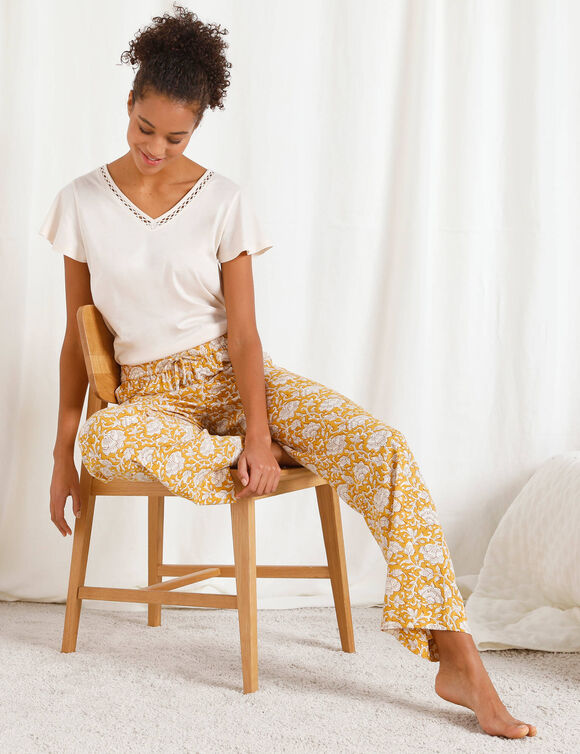 Pantalon de pyjama imprimé fleurs "Laurette" (curry / écru)