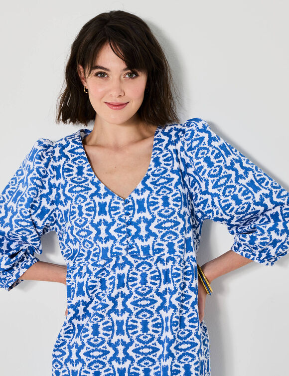 Robe courte évasée, imprimé ikat (bleu / blanc)