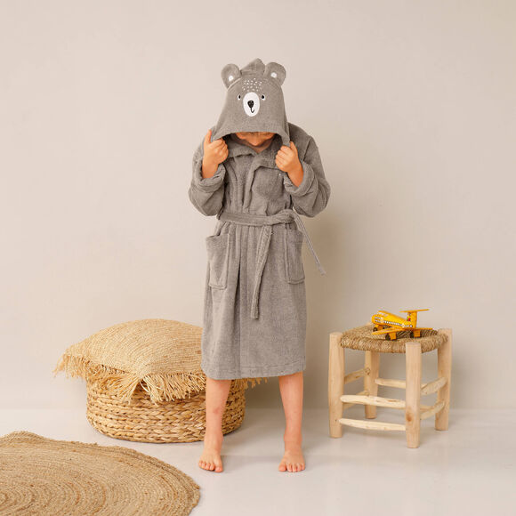 Vermommingsbadjas voor kinderen, beertjesmotief en kap, personaliseerbaar (taupe)