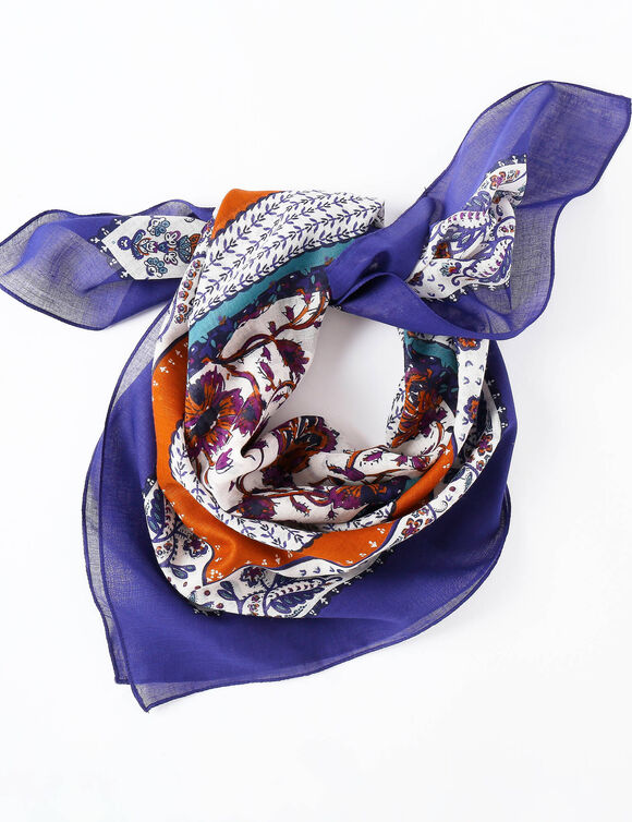 Sjaal van katoenen voile, bedrukt met een floraal patroon in bohemienstijl (indigo / karamel)