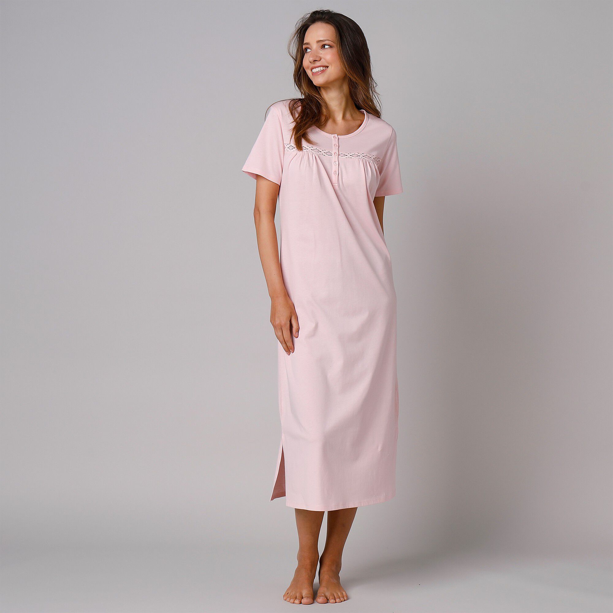 Nachthemd, nachtkleding, korte mouwen, lang, met zakken, losse pasvorm