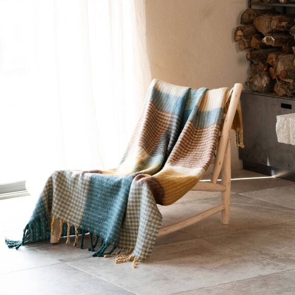 Plaid ray&eacute; toucher doux (bleu paon)