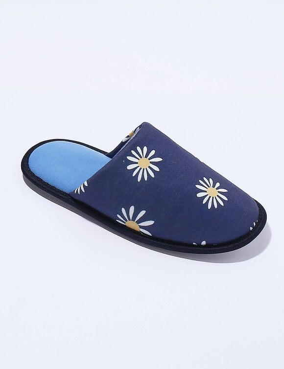 Mules plates souples brodées marguerites (bleu)